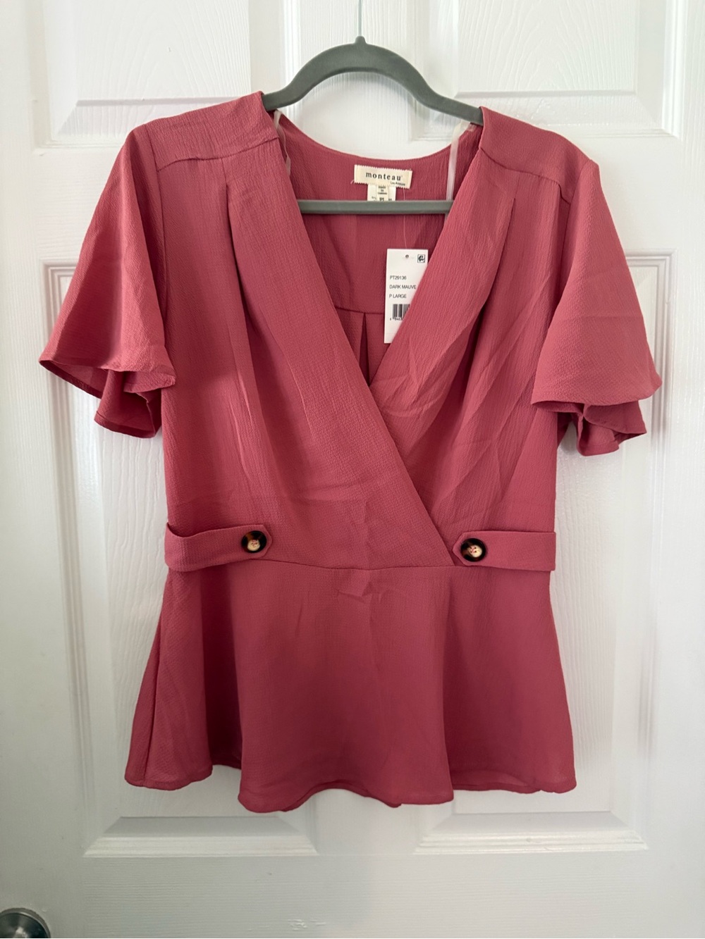 Monteau Dusty Rose Wrap Peplum Blouse NWT